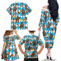Funny Bigfoot Oktoberfest Family Matching Off The Shoulder Long Sleeve Dress and Hawaiian Shirt Sasquatch Beer Pretzel Bavarian - Wonder Print Shop