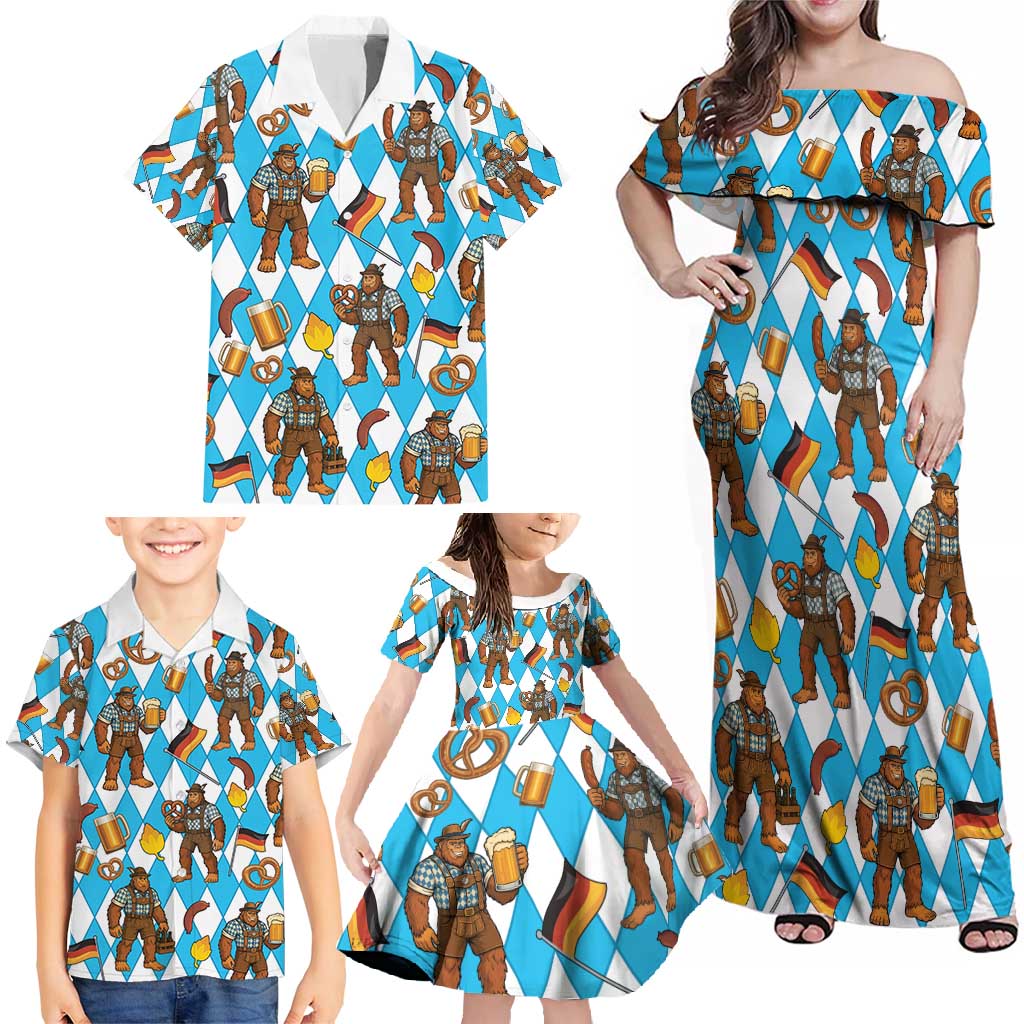 Funny Bigfoot Oktoberfest Family Matching Off Shoulder Maxi Dress and Hawaiian Shirt Sasquatch Beer Pretzel Bavarian - Wonder Print Shop