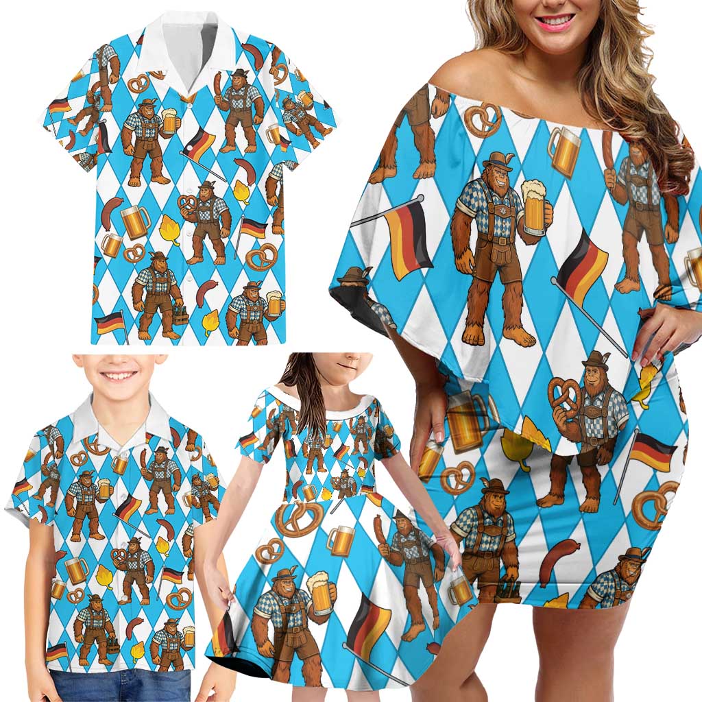 Funny Bigfoot Oktoberfest Family Matching Off Shoulder Short Dress and Hawaiian Shirt Sasquatch Beer Pretzel Bavarian - Wonder Print Shop