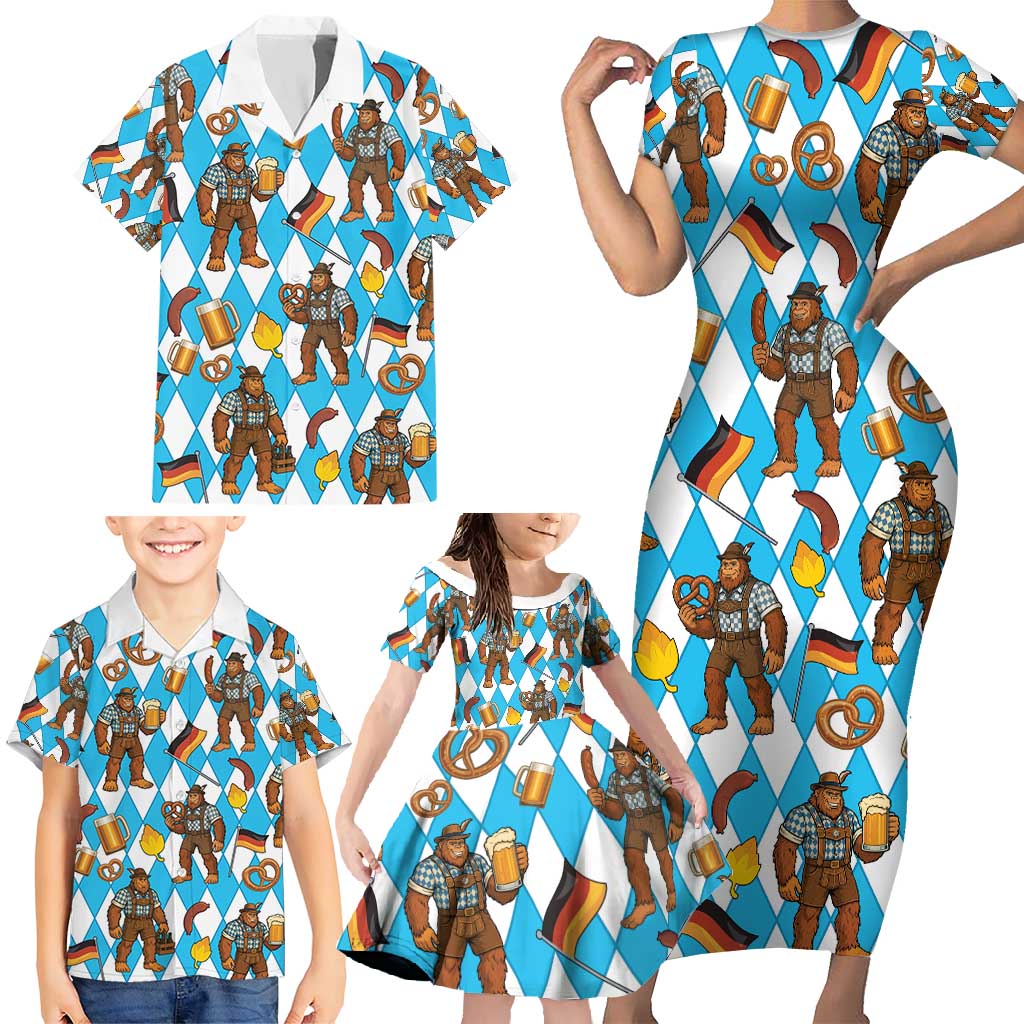 Funny Bigfoot Oktoberfest Family Matching Short Sleeve Bodycon Dress and Hawaiian Shirt Sasquatch Beer Pretzel Bavarian - Wonder Print Shop