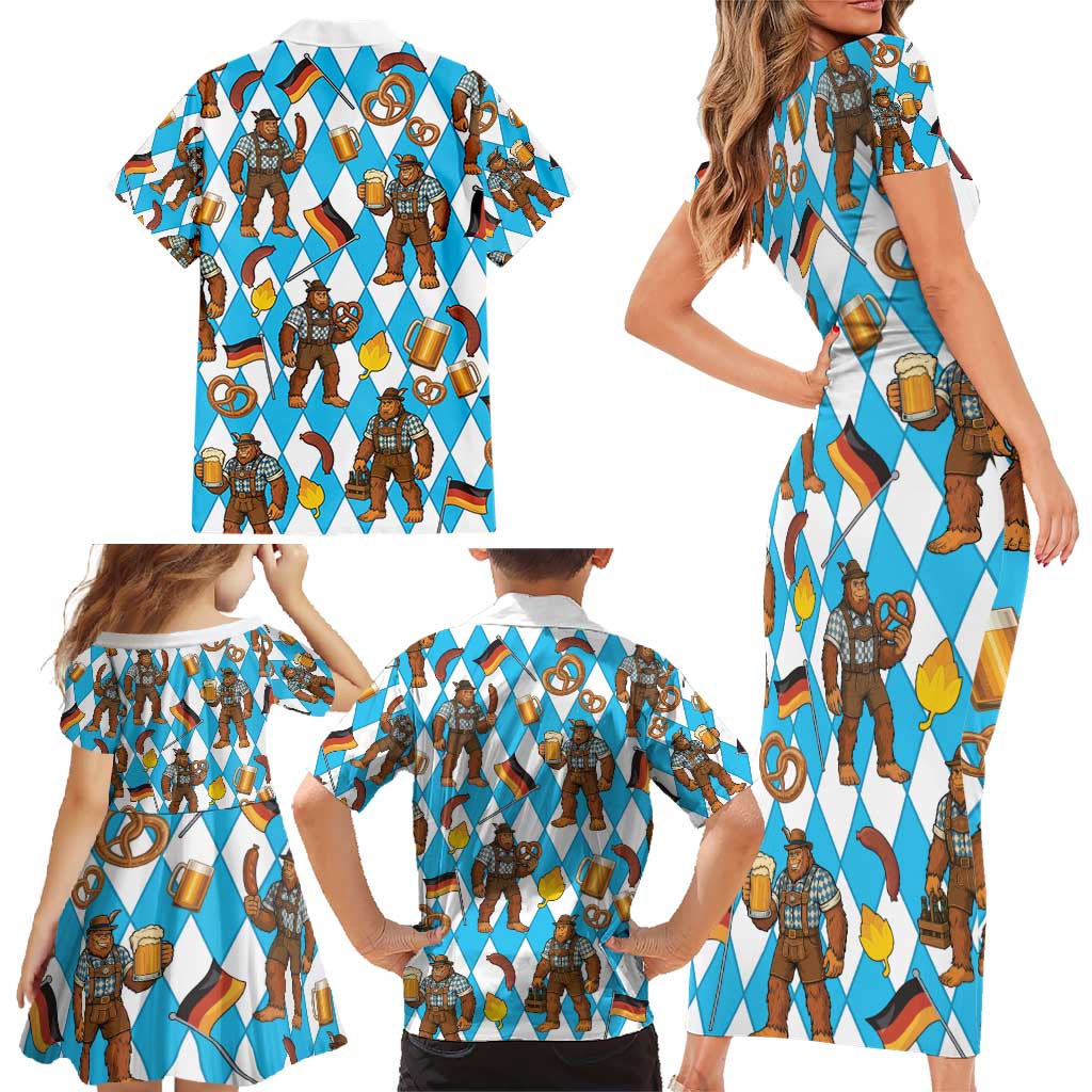 Funny Bigfoot Oktoberfest Family Matching Short Sleeve Bodycon Dress and Hawaiian Shirt Sasquatch Beer Pretzel Bavarian - Wonder Print Shop