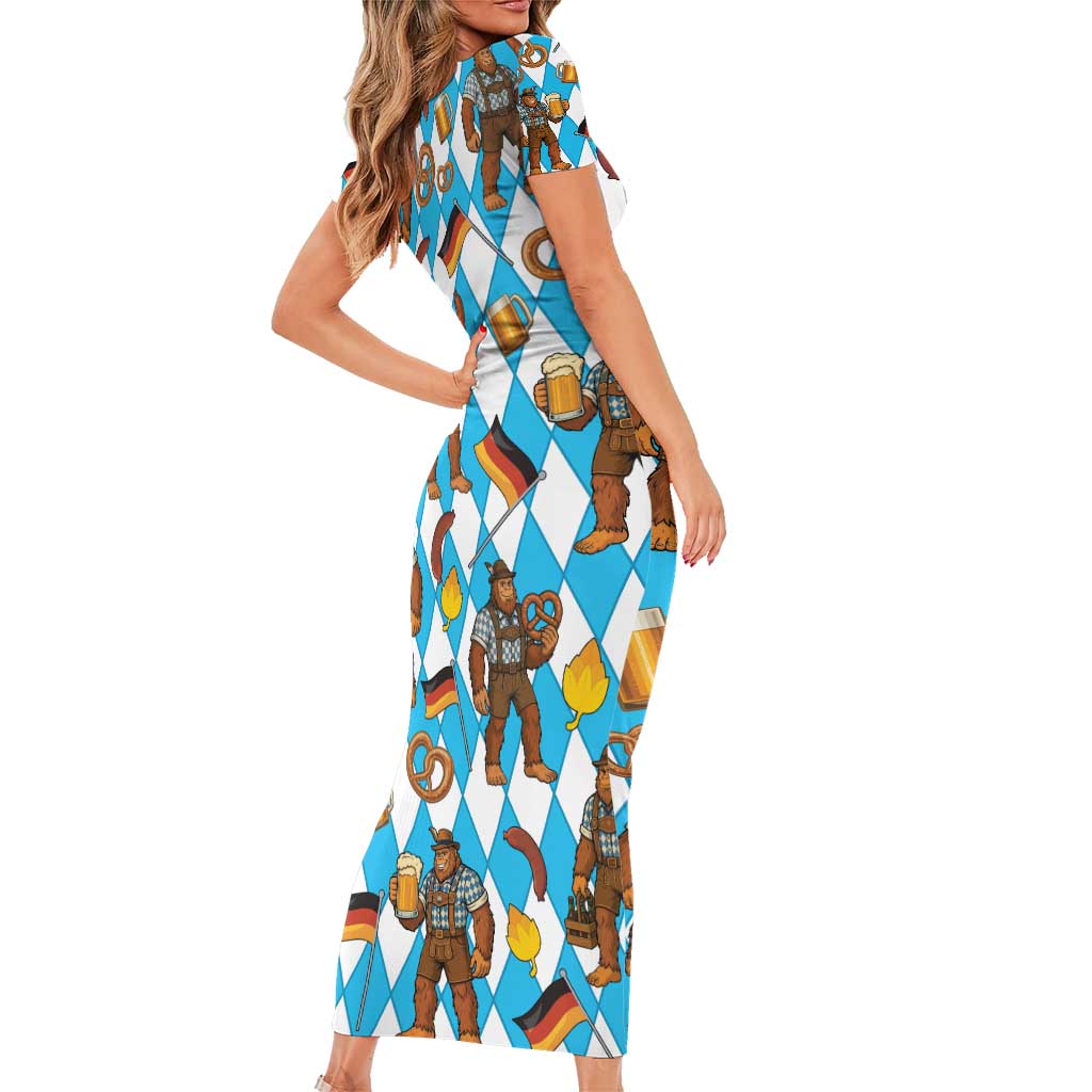 Funny Bigfoot Oktoberfest Family Matching Short Sleeve Bodycon Dress and Hawaiian Shirt Sasquatch Beer Pretzel Bavarian - Wonder Print Shop
