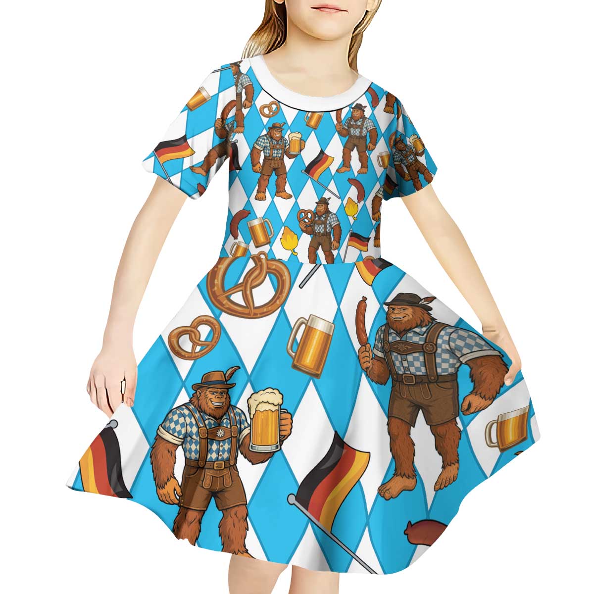 Funny Bigfoot Oktoberfest Kid Short Sleeve Dress Sasquatch Beer Pretzel Bavarian - Wonder Print Shop