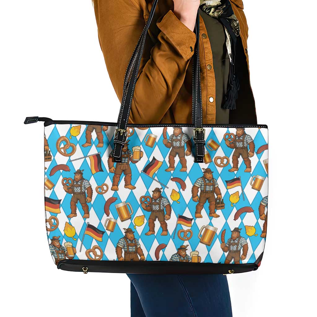 Funny Bigfoot Oktoberfest Leather Tote Bag Sasquatch Beer Pretzel Bavarian - Wonder Print Shop