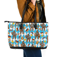 Funny Bigfoot Oktoberfest Leather Tote Bag Sasquatch Beer Pretzel Bavarian - Wonder Print Shop