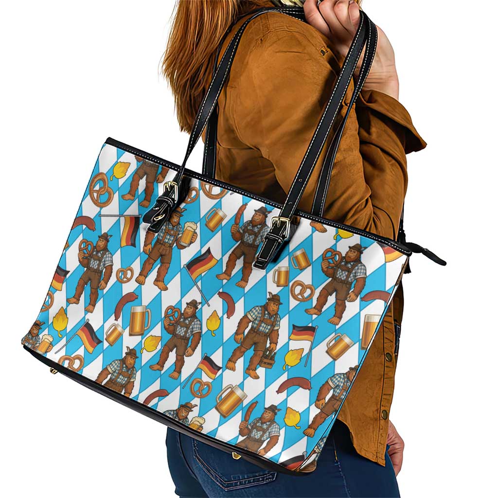 Funny Bigfoot Oktoberfest Leather Tote Bag Sasquatch Beer Pretzel Bavarian - Wonder Print Shop