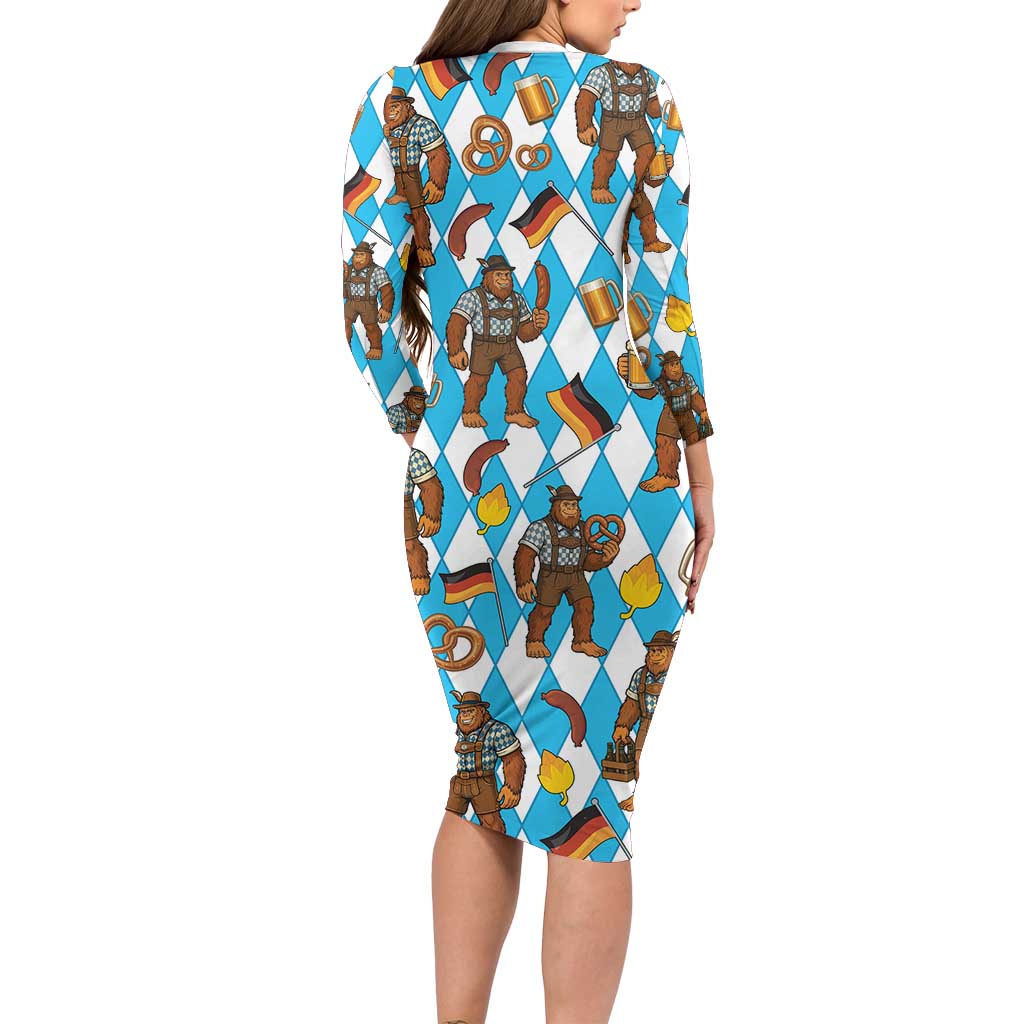 Funny Bigfoot Oktoberfest Long Sleeve Bodycon Dress Sasquatch Beer Pretzel Bavarian - Wonder Print Shop