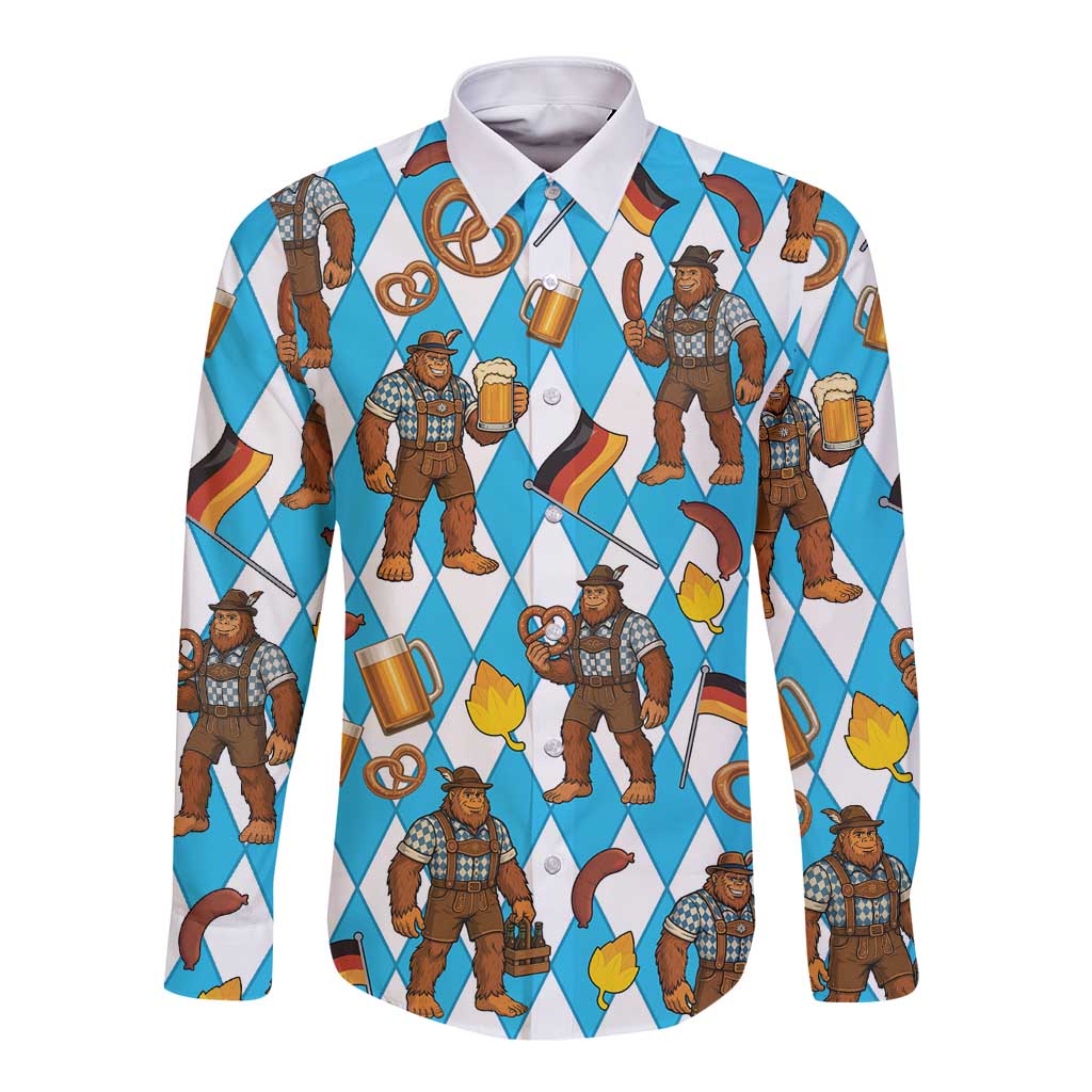 Funny Bigfoot Oktoberfest Long Sleeve Button Shirt Sasquatch Beer Pretzel Bavarian - Wonder Print Shop