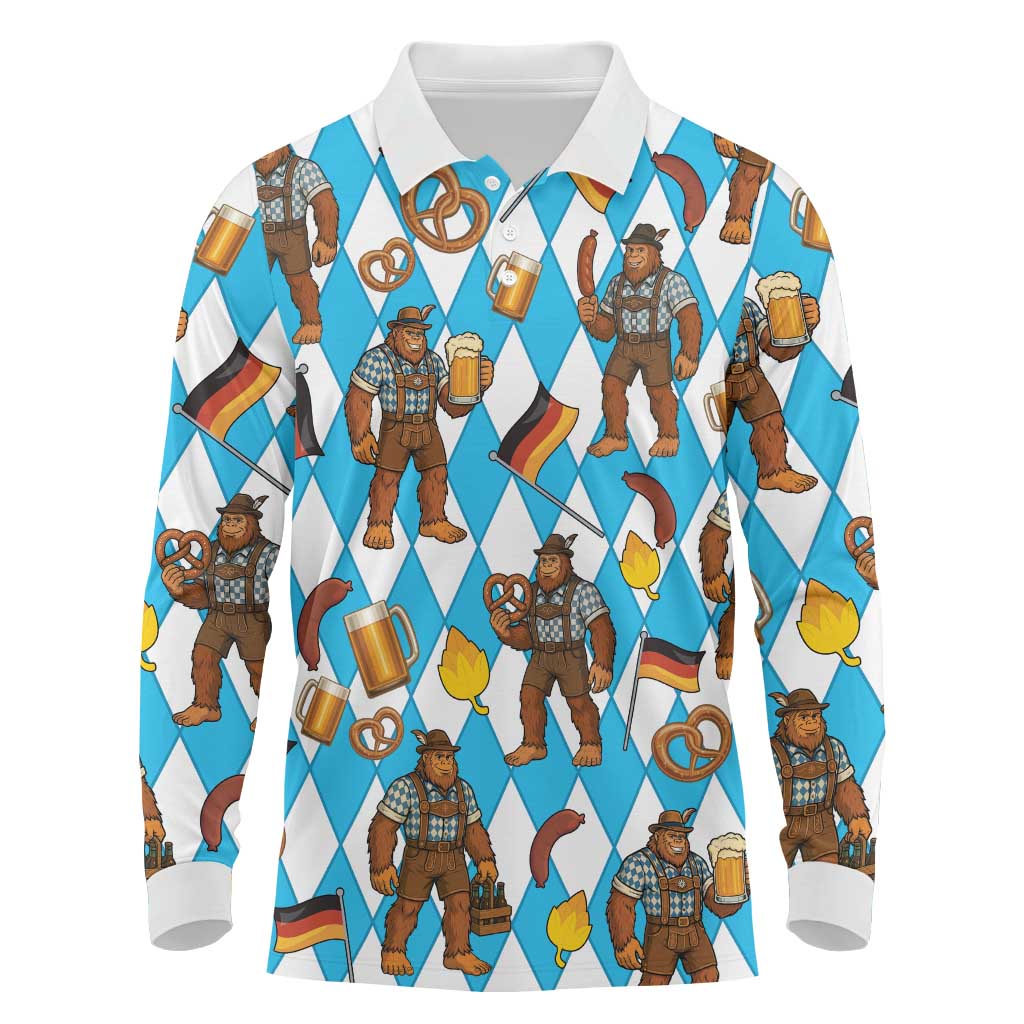 Funny Bigfoot Oktoberfest Long Sleeve Polo Shirt Sasquatch Beer Pretzel Bavarian - Wonder Print Shop