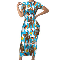 Funny Bigfoot Oktoberfest Short Sleeve Bodycon Dress Sasquatch Beer Pretzel Bavarian - Wonder Print Shop