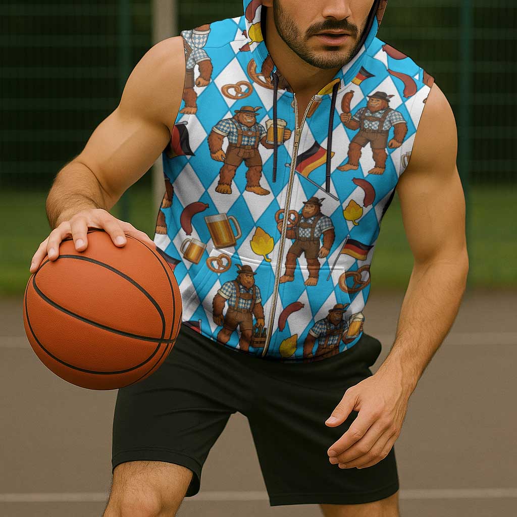 Funny Bigfoot Oktoberfest Sleeveless Zip Hoodie Sasquatch Beer Pretzel Bavarian - Wonder Print Shop