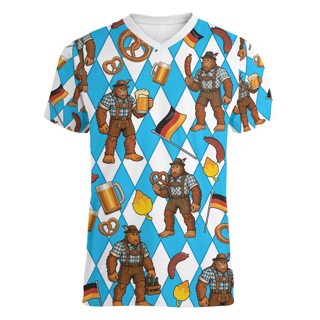 Funny Bigfoot Oktoberfest Women V-Neck T-Shirt Sasquatch Beer Pretzel Bavarian - Wonder Print Shop