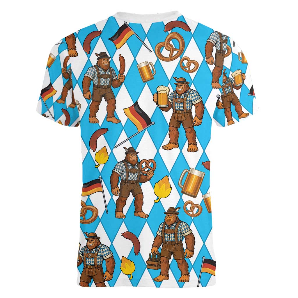 Funny Bigfoot Oktoberfest Women V-Neck T-Shirt Sasquatch Beer Pretzel Bavarian - Wonder Print Shop