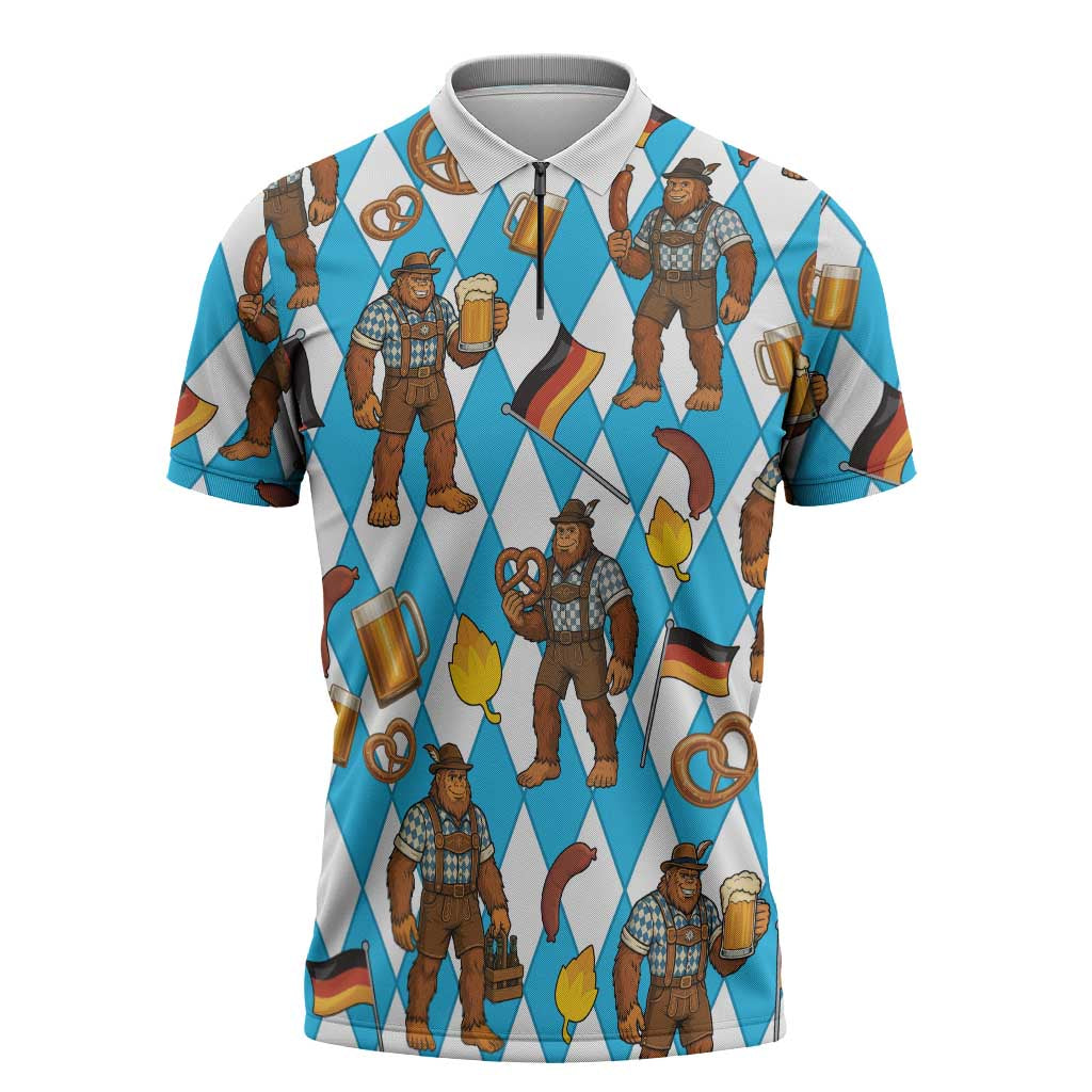 Funny Bigfoot Oktoberfest Zipper Polo Shirt Sasquatch Beer Pretzel Bavarian - Wonder Print Shop