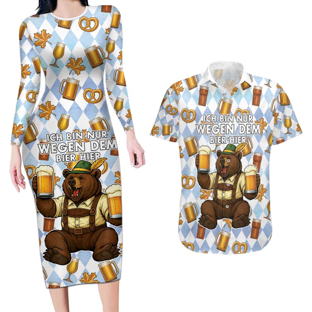 Funny Beer Oktoberfest Couples Matching Long Sleeve Bodycon Dress and Hawaiian Shirt Ich Bin Nur Wegen Dem Bier Hier - Wonder Print Shop