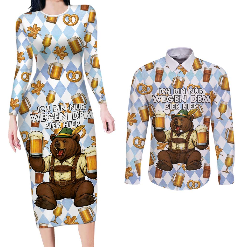 Funny Beer Oktoberfest Couples Matching Long Sleeve Bodycon Dress and Long Sleeve Button Shirt Ich Bin Nur Wegen Dem Bier Hier - Wonder Print Shop