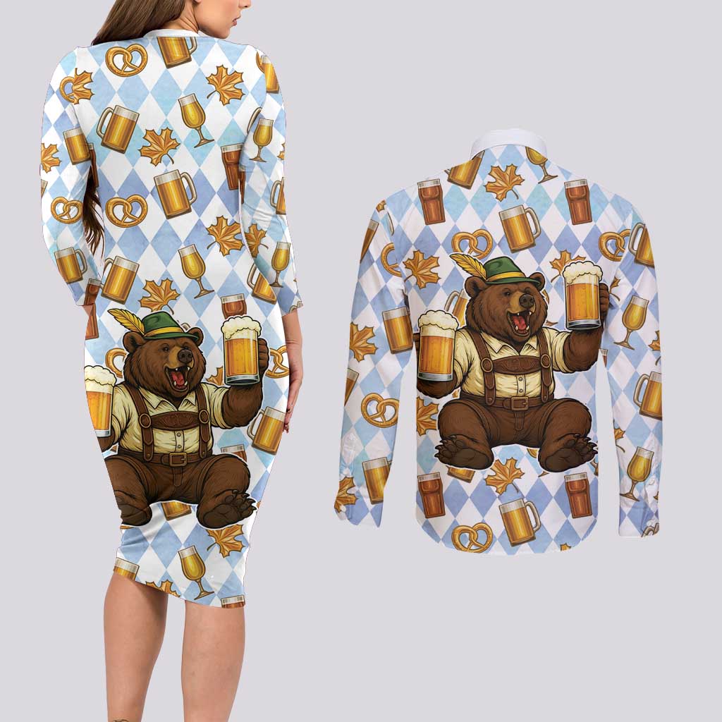 Funny Beer Oktoberfest Couples Matching Long Sleeve Bodycon Dress and Long Sleeve Button Shirt Ich Bin Nur Wegen Dem Bier Hier - Wonder Print Shop
