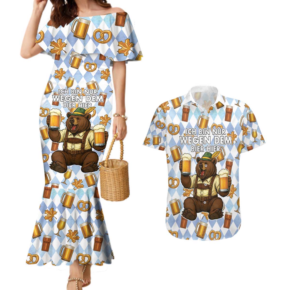 Funny Beer Oktoberfest Couples Matching Mermaid Dress and Hawaiian Shirt Ich Bin Nur Wegen Dem Bier Hier - Wonder Print Shop