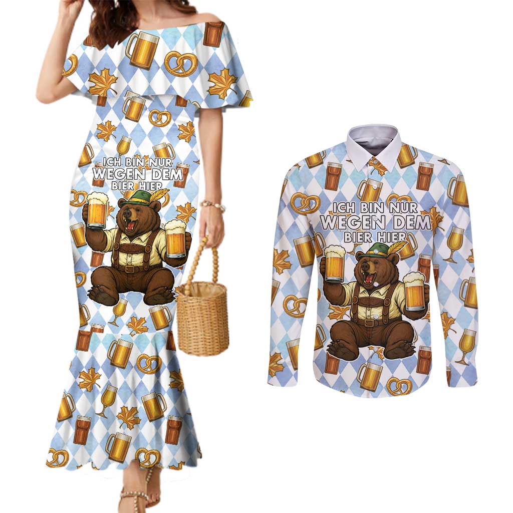 Funny Beer Oktoberfest Couples Matching Mermaid Dress and Long Sleeve Button Shirt Ich Bin Nur Wegen Dem Bier Hier - Wonder Print Shop
