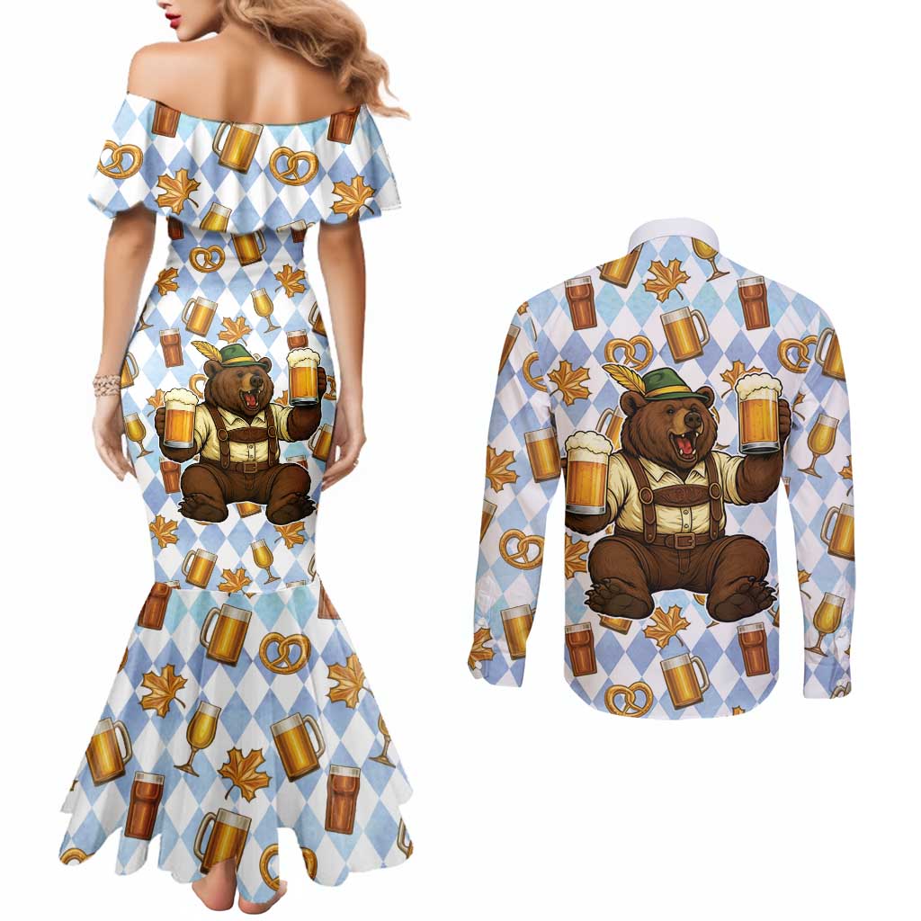 Funny Beer Oktoberfest Couples Matching Mermaid Dress and Long Sleeve Button Shirt Ich Bin Nur Wegen Dem Bier Hier - Wonder Print Shop