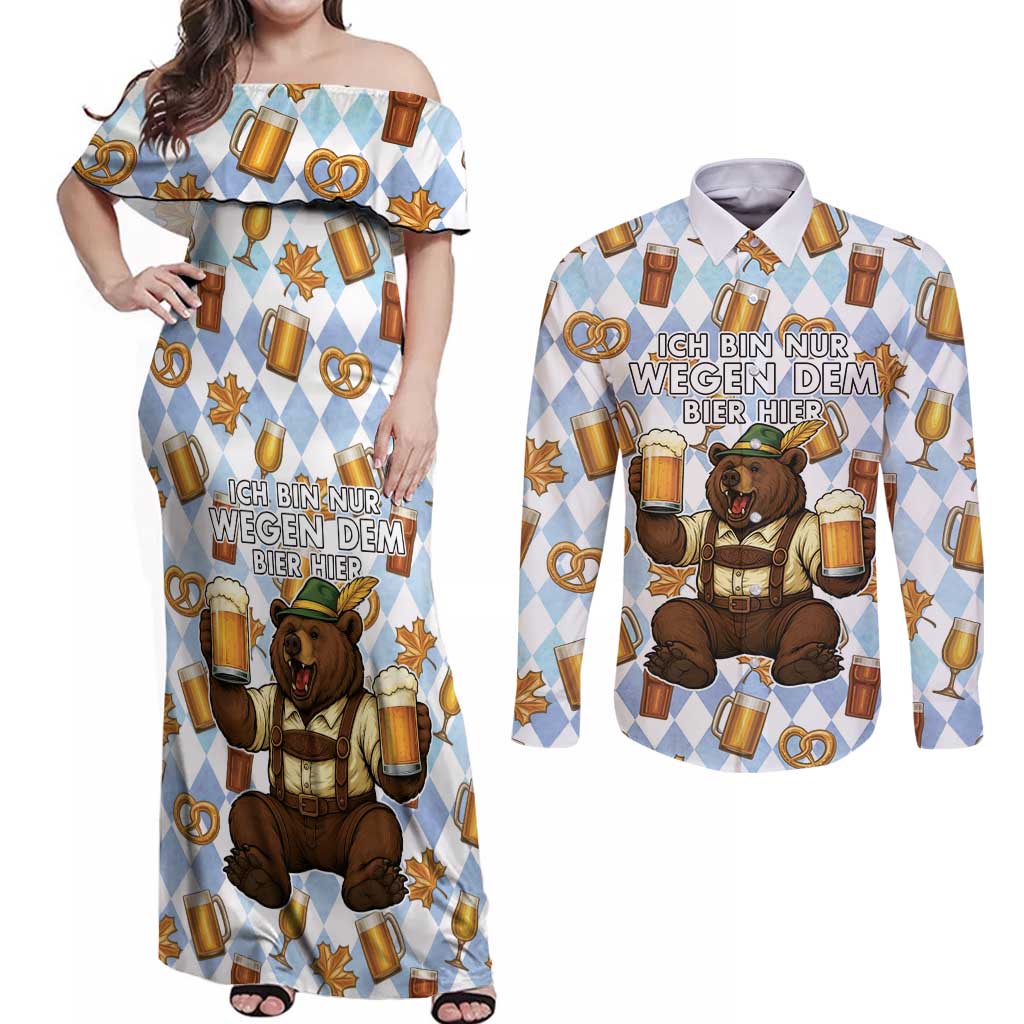 Funny Beer Oktoberfest Couples Matching Off Shoulder Maxi Dress and Long Sleeve Button Shirt Ich Bin Nur Wegen Dem Bier Hier - Wonder Print Shop