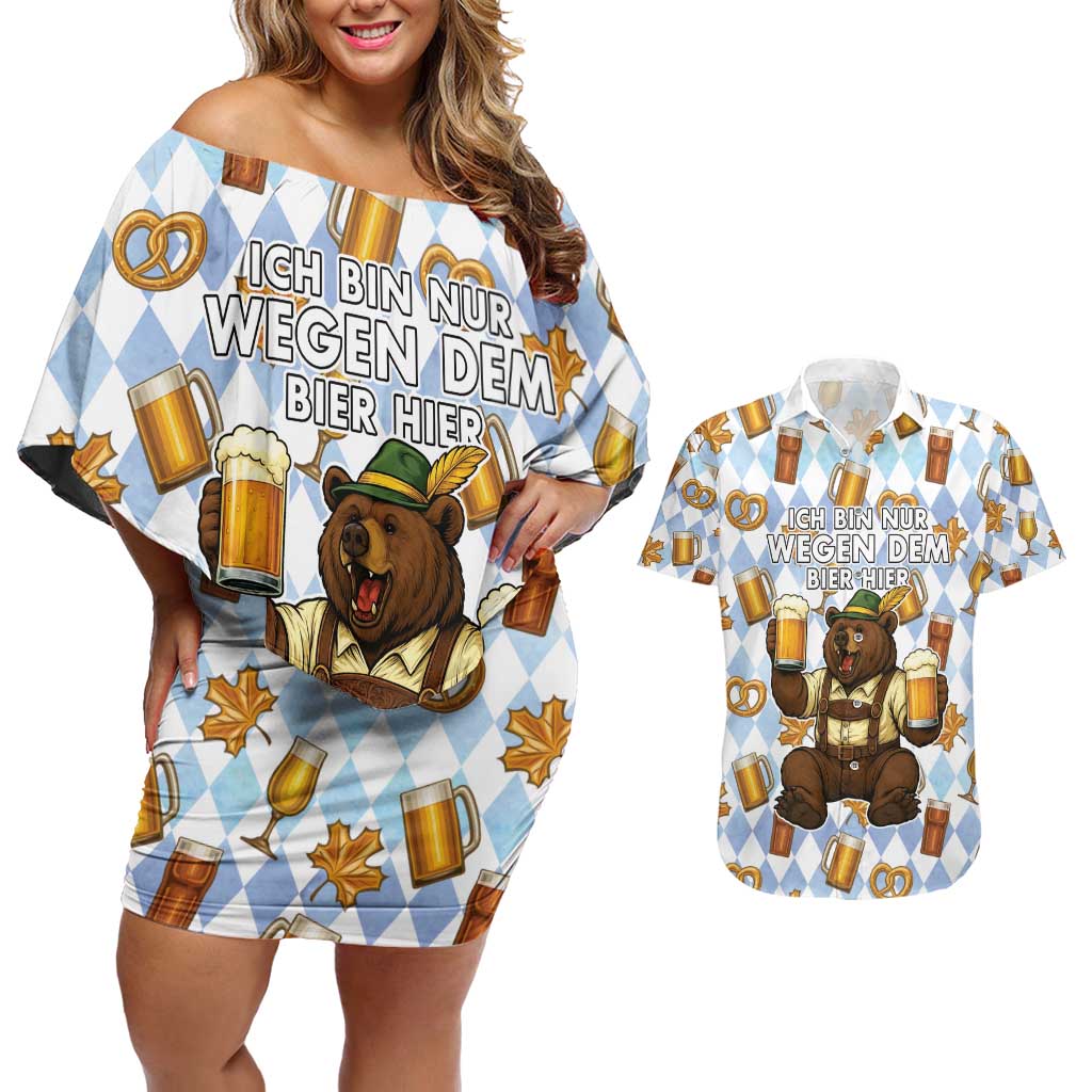 Funny Beer Oktoberfest Couples Matching Off Shoulder Short Dress and Hawaiian Shirt Ich Bin Nur Wegen Dem Bier Hier - Wonder Print Shop