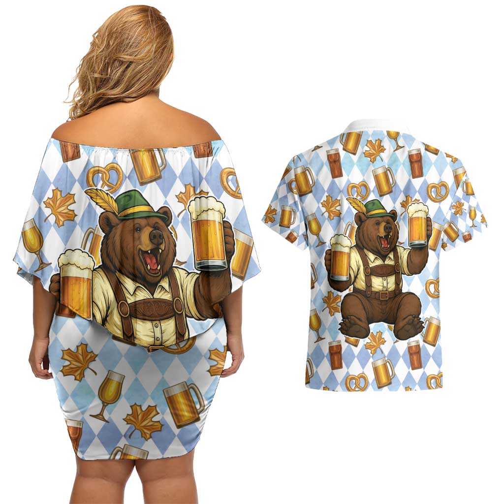 Funny Beer Oktoberfest Couples Matching Off Shoulder Short Dress and Hawaiian Shirt Ich Bin Nur Wegen Dem Bier Hier - Wonder Print Shop