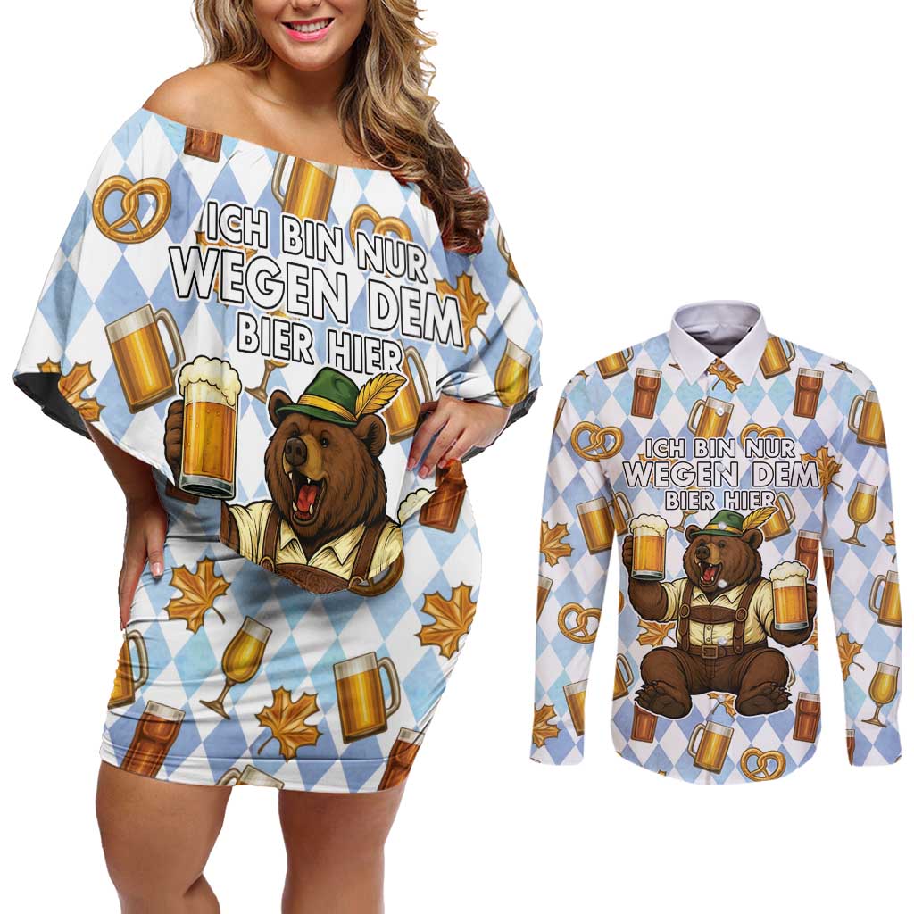 Funny Beer Oktoberfest Couples Matching Off Shoulder Short Dress and Long Sleeve Button Shirt Ich Bin Nur Wegen Dem Bier Hier - Wonder Print Shop