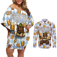 Funny Beer Oktoberfest Couples Matching Off Shoulder Short Dress and Long Sleeve Button Shirt Ich Bin Nur Wegen Dem Bier Hier - Wonder Print Shop