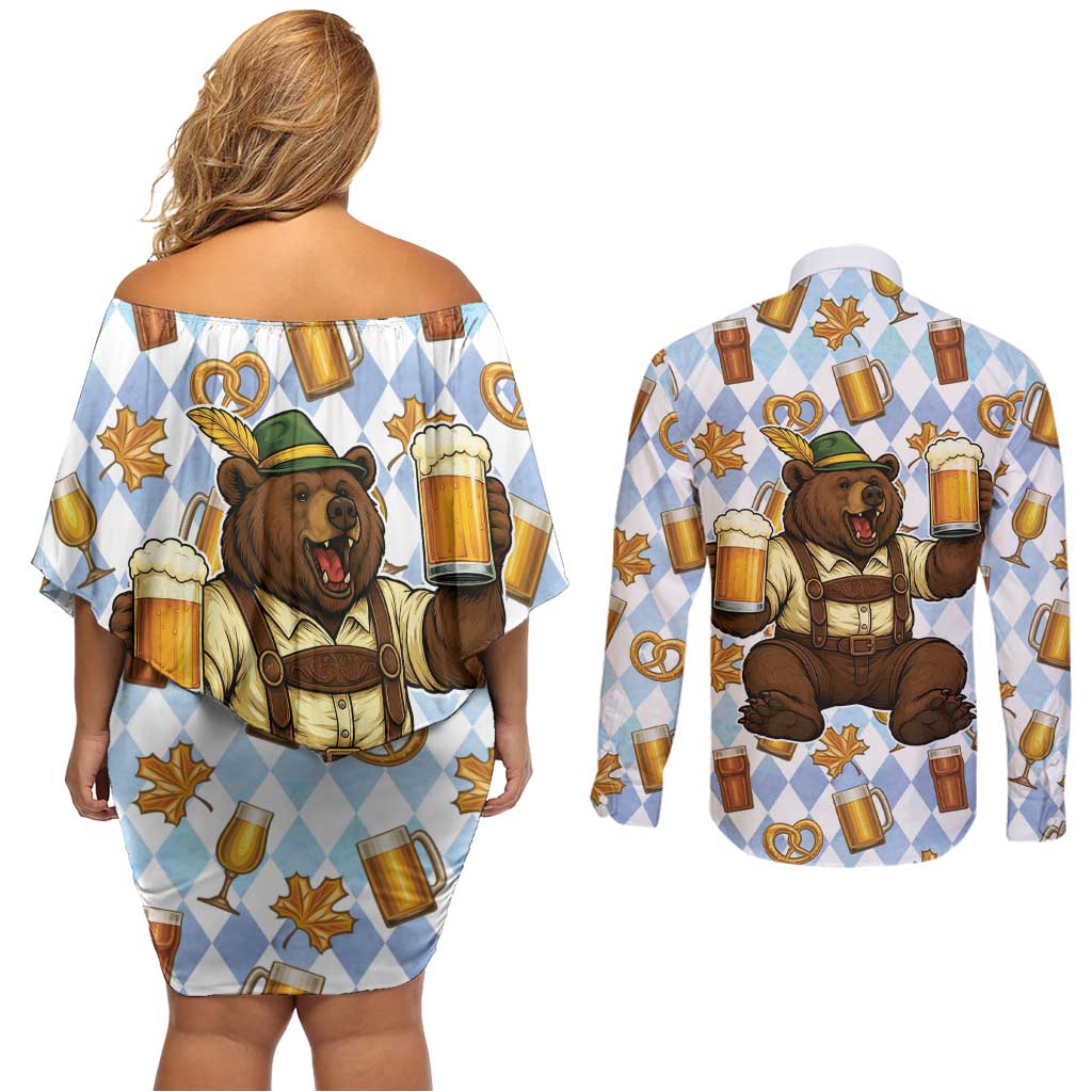 Funny Beer Oktoberfest Couples Matching Off Shoulder Short Dress and Long Sleeve Button Shirt Ich Bin Nur Wegen Dem Bier Hier - Wonder Print Shop