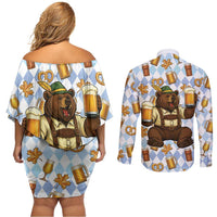 Funny Beer Oktoberfest Couples Matching Off Shoulder Short Dress and Long Sleeve Button Shirt Ich Bin Nur Wegen Dem Bier Hier - Wonder Print Shop