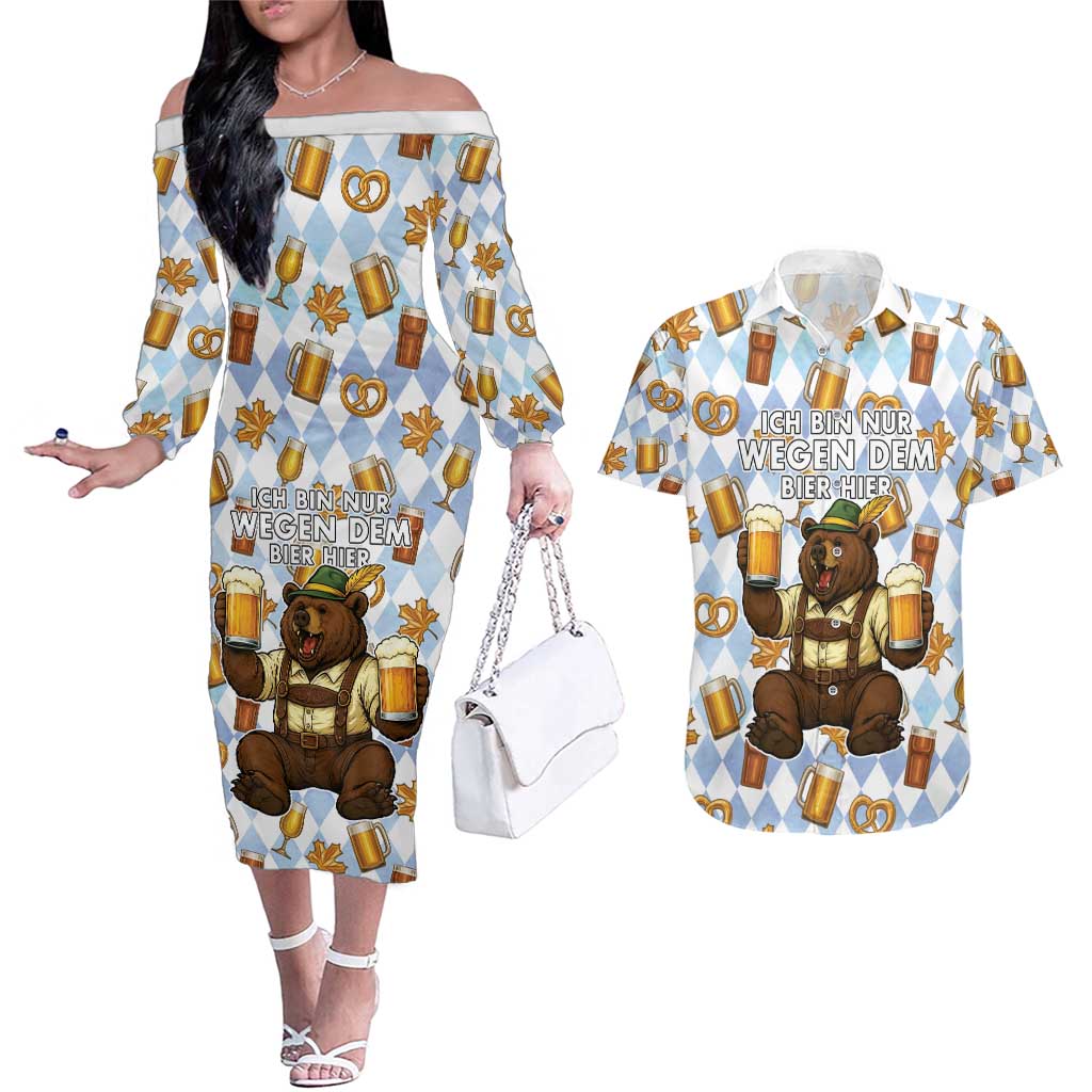 Funny Beer Oktoberfest Couples Matching Off The Shoulder Long Sleeve Dress and Hawaiian Shirt Ich Bin Nur Wegen Dem Bier Hier - Wonder Print Shop