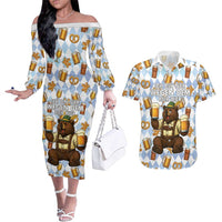 Funny Beer Oktoberfest Couples Matching Off The Shoulder Long Sleeve Dress and Hawaiian Shirt Ich Bin Nur Wegen Dem Bier Hier - Wonder Print Shop