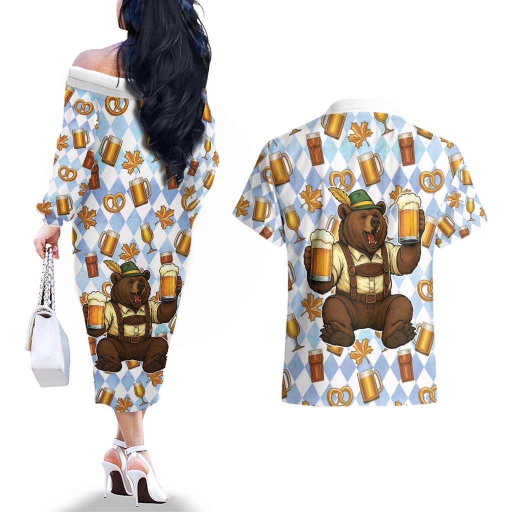 Funny Beer Oktoberfest Couples Matching Off The Shoulder Long Sleeve Dress and Hawaiian Shirt Ich Bin Nur Wegen Dem Bier Hier - Wonder Print Shop