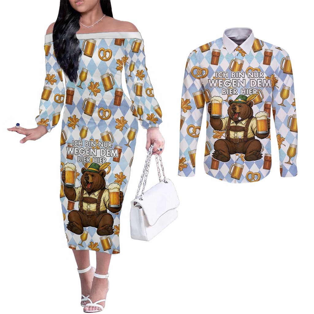Funny Beer Oktoberfest Couples Matching Off The Shoulder Long Sleeve Dress and Long Sleeve Button Shirt Ich Bin Nur Wegen Dem Bier Hier - Wonder Print Shop