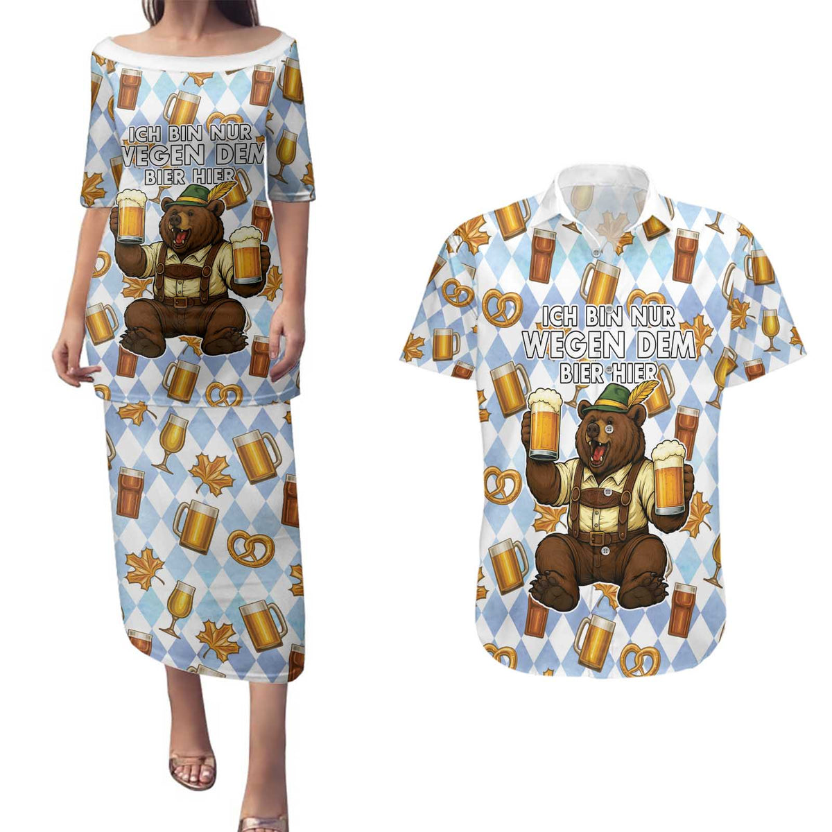 Funny Beer Oktoberfest Couples Matching Puletasi and Hawaiian Shirt Ich Bin Nur Wegen Dem Bier Hier - Wonder Print Shop
