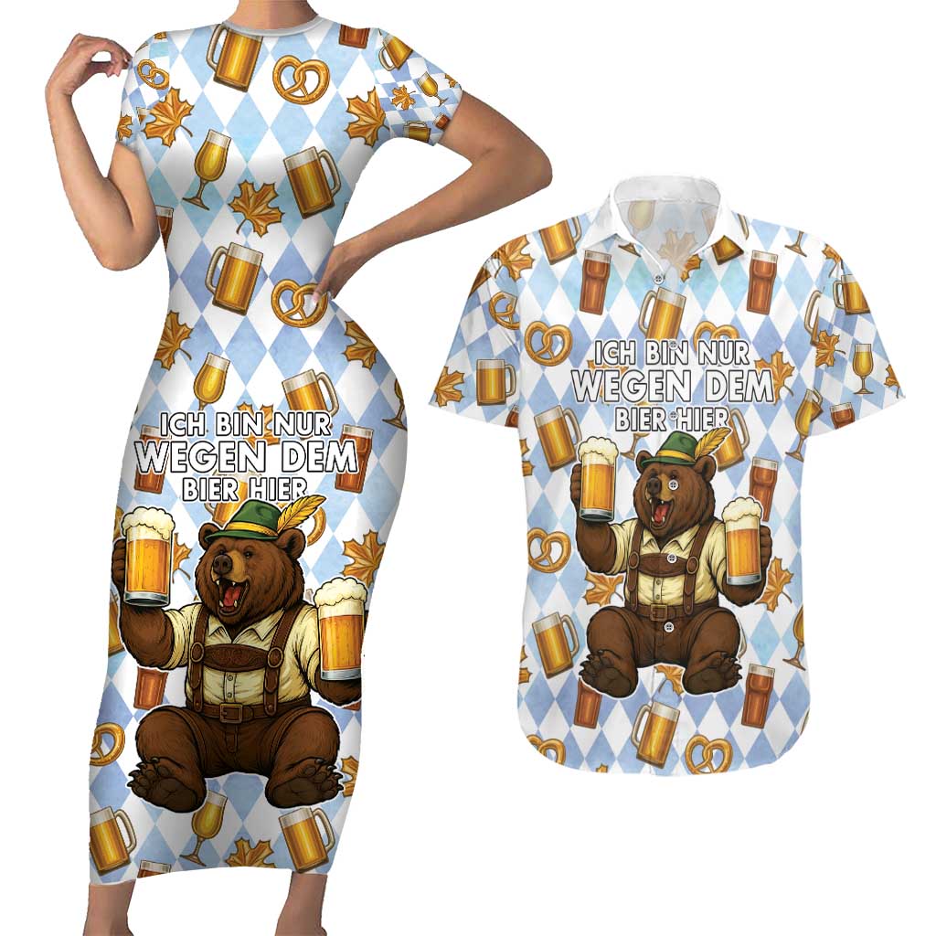 Funny Beer Oktoberfest Couples Matching Short Sleeve Bodycon Dress and Hawaiian Shirt Ich Bin Nur Wegen Dem Bier Hier - Wonder Print Shop