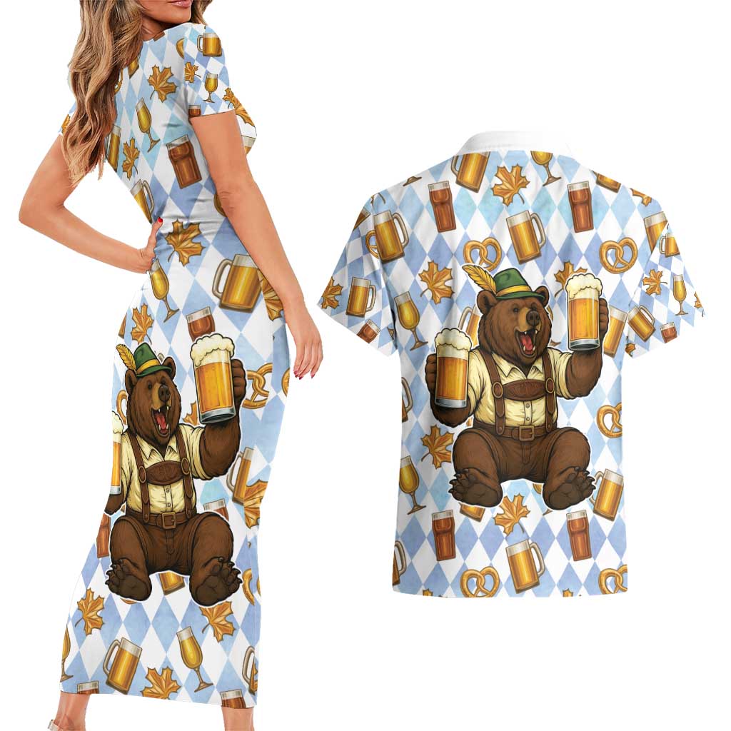Funny Beer Oktoberfest Couples Matching Short Sleeve Bodycon Dress and Hawaiian Shirt Ich Bin Nur Wegen Dem Bier Hier - Wonder Print Shop
