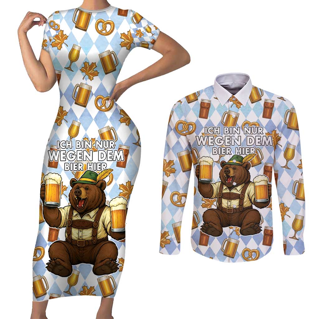 Funny Beer Oktoberfest Couples Matching Short Sleeve Bodycon Dress and Long Sleeve Button Shirt Ich Bin Nur Wegen Dem Bier Hier - Wonder Print Shop