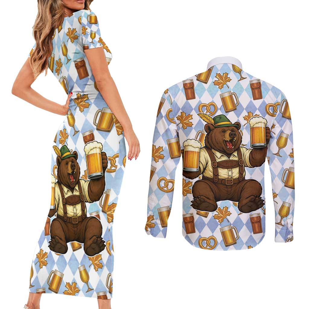 Funny Beer Oktoberfest Couples Matching Short Sleeve Bodycon Dress and Long Sleeve Button Shirt Ich Bin Nur Wegen Dem Bier Hier - Wonder Print Shop