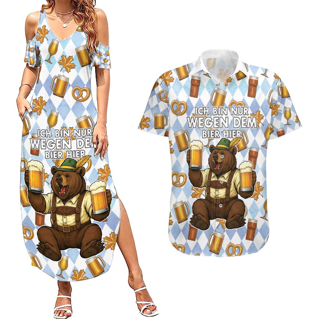 Funny Beer Oktoberfest Couples Matching Summer Maxi Dress and Hawaiian Shirt Ich Bin Nur Wegen Dem Bier Hier - Wonder Print Shop