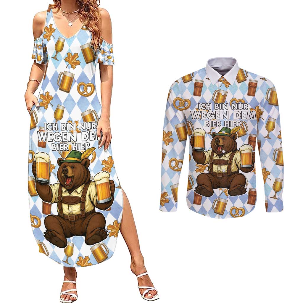 Funny Beer Oktoberfest Couples Matching Summer Maxi Dress and Long Sleeve Button Shirt Ich Bin Nur Wegen Dem Bier Hier - Wonder Print Shop