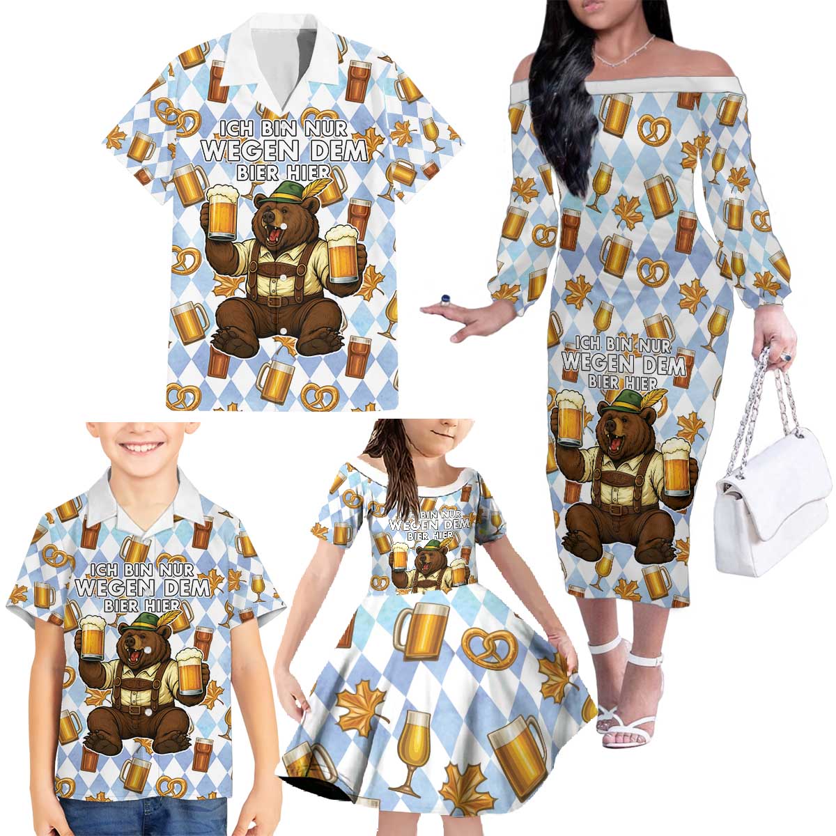 Funny Beer Oktoberfest Family Matching Off The Shoulder Long Sleeve Dress and Hawaiian Shirt Ich Bin Nur Wegen Dem Bier Hier - Wonder Print Shop