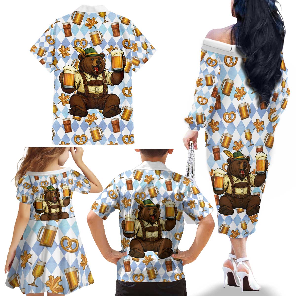 Funny Beer Oktoberfest Family Matching Off The Shoulder Long Sleeve Dress and Hawaiian Shirt Ich Bin Nur Wegen Dem Bier Hier - Wonder Print Shop