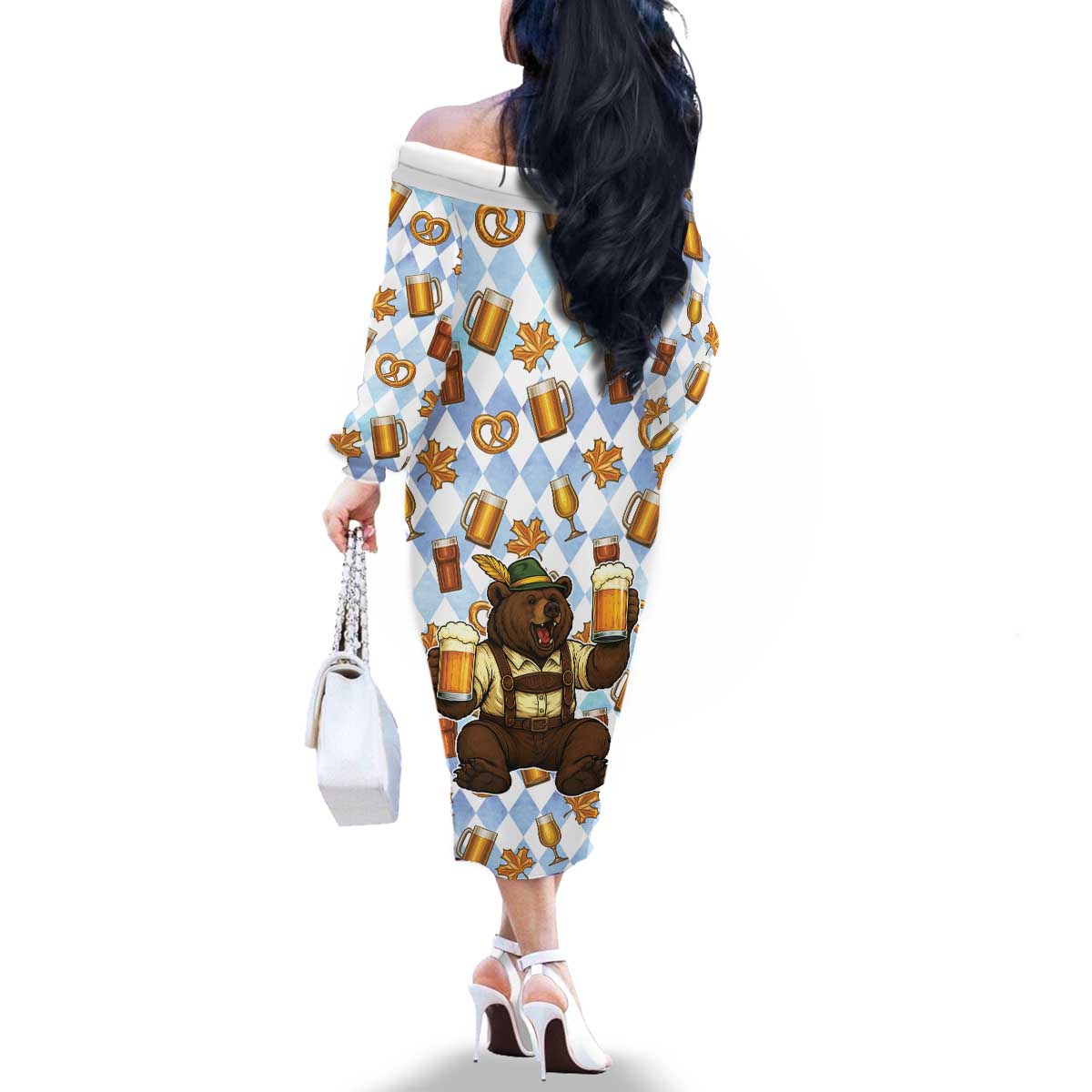 Funny Beer Oktoberfest Family Matching Off The Shoulder Long Sleeve Dress and Hawaiian Shirt Ich Bin Nur Wegen Dem Bier Hier - Wonder Print Shop