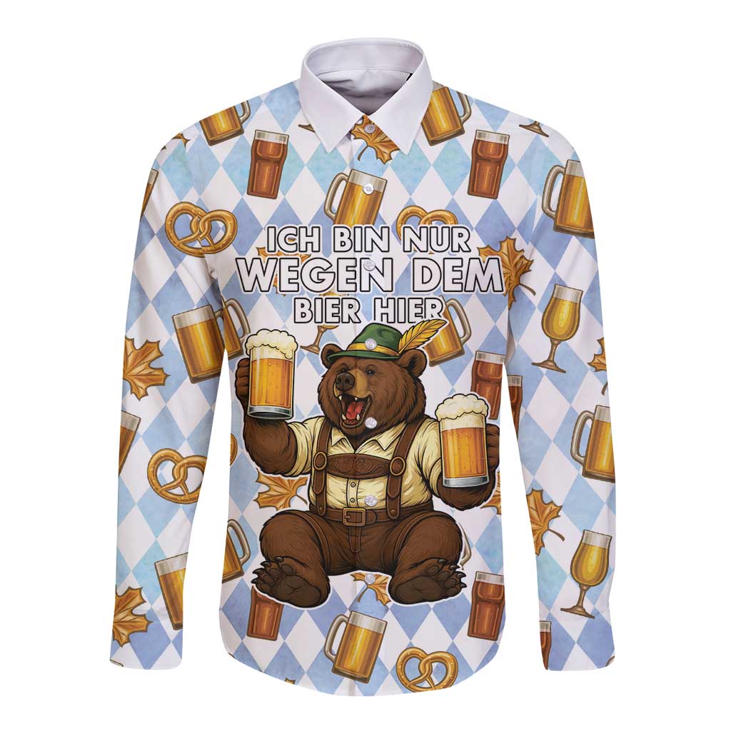 Funny Beer Oktoberfest Long Sleeve Button Shirt Ich Bin Nur Wegen Dem Bier Hier - Wonder Print Shop