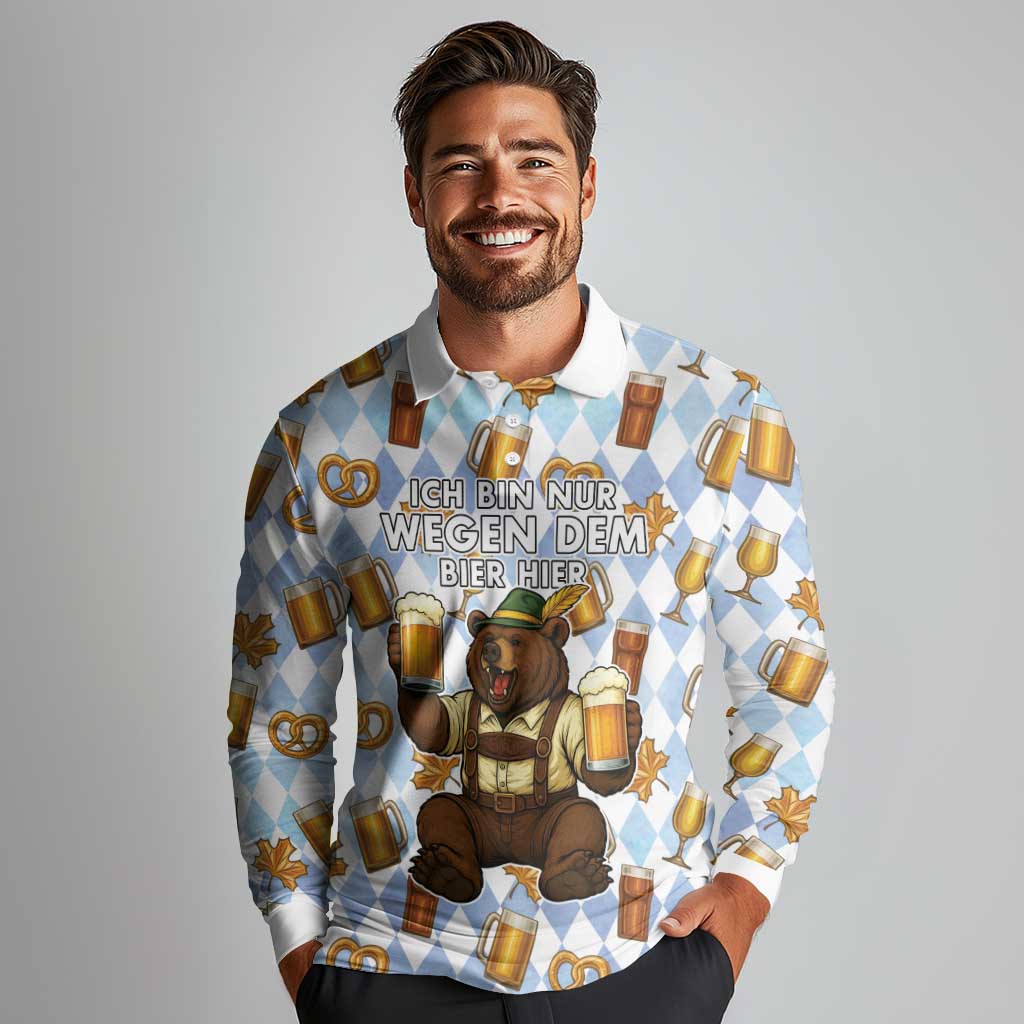 Funny Beer Oktoberfest Long Sleeve Polo Shirt Ich Bin Nur Wegen Dem Bier Hier - Wonder Print Shop
