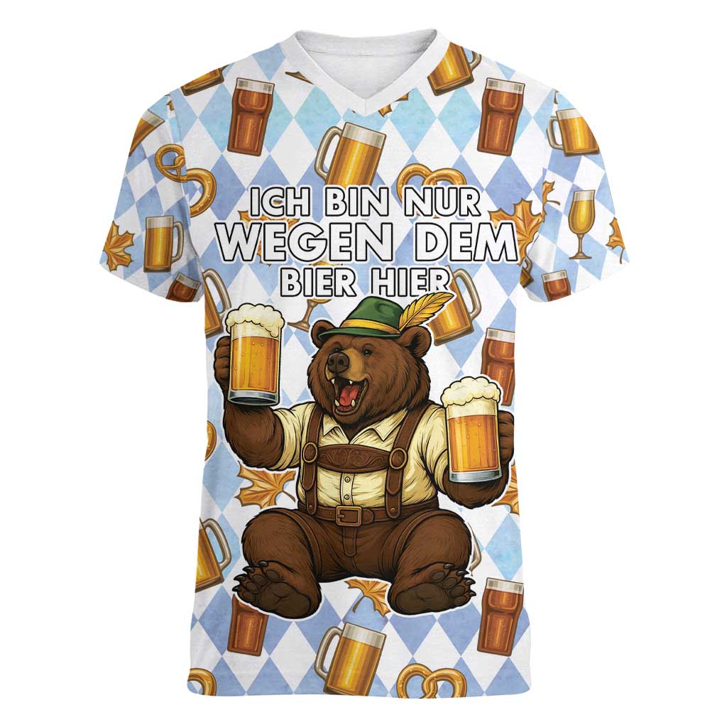 Funny Beer Oktoberfest Women V-Neck T-Shirt Ich Bin Nur Wegen Dem Bier Hier - Wonder Print Shop