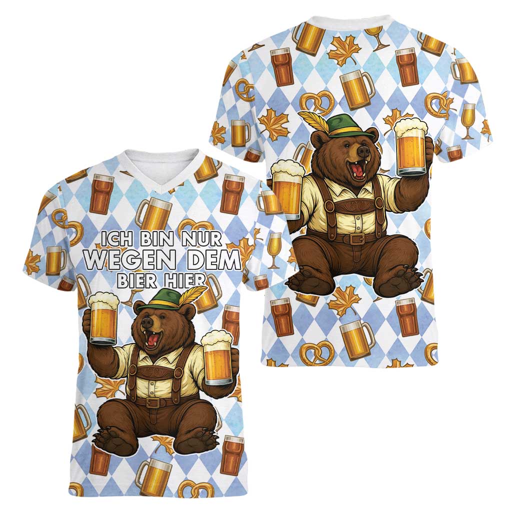 Funny Beer Oktoberfest Women V-Neck T-Shirt Ich Bin Nur Wegen Dem Bier Hier - Wonder Print Shop