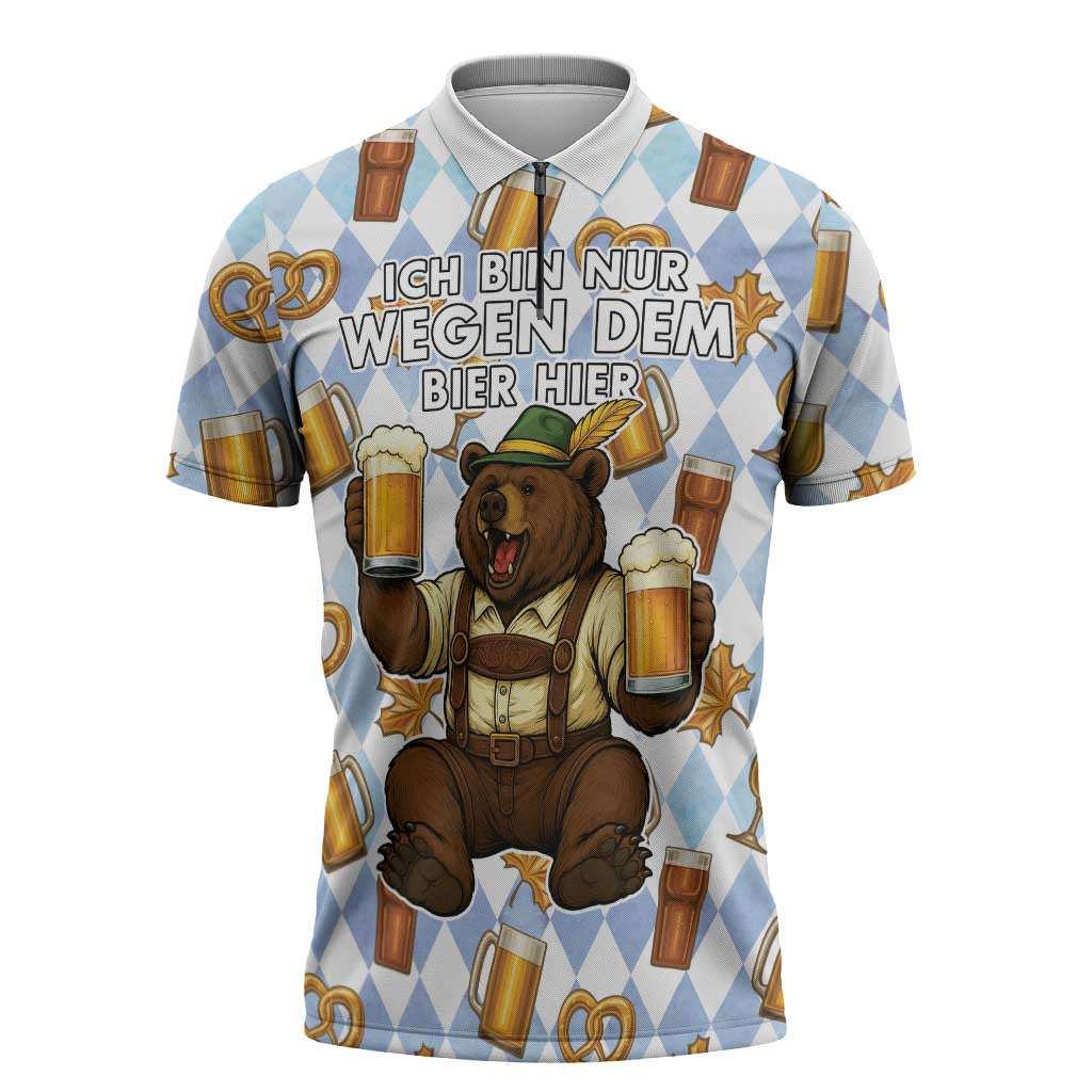 Funny Beer Oktoberfest Zipper Polo Shirt Ich Bin Nur Wegen Dem Bier Hier - Wonder Print Shop